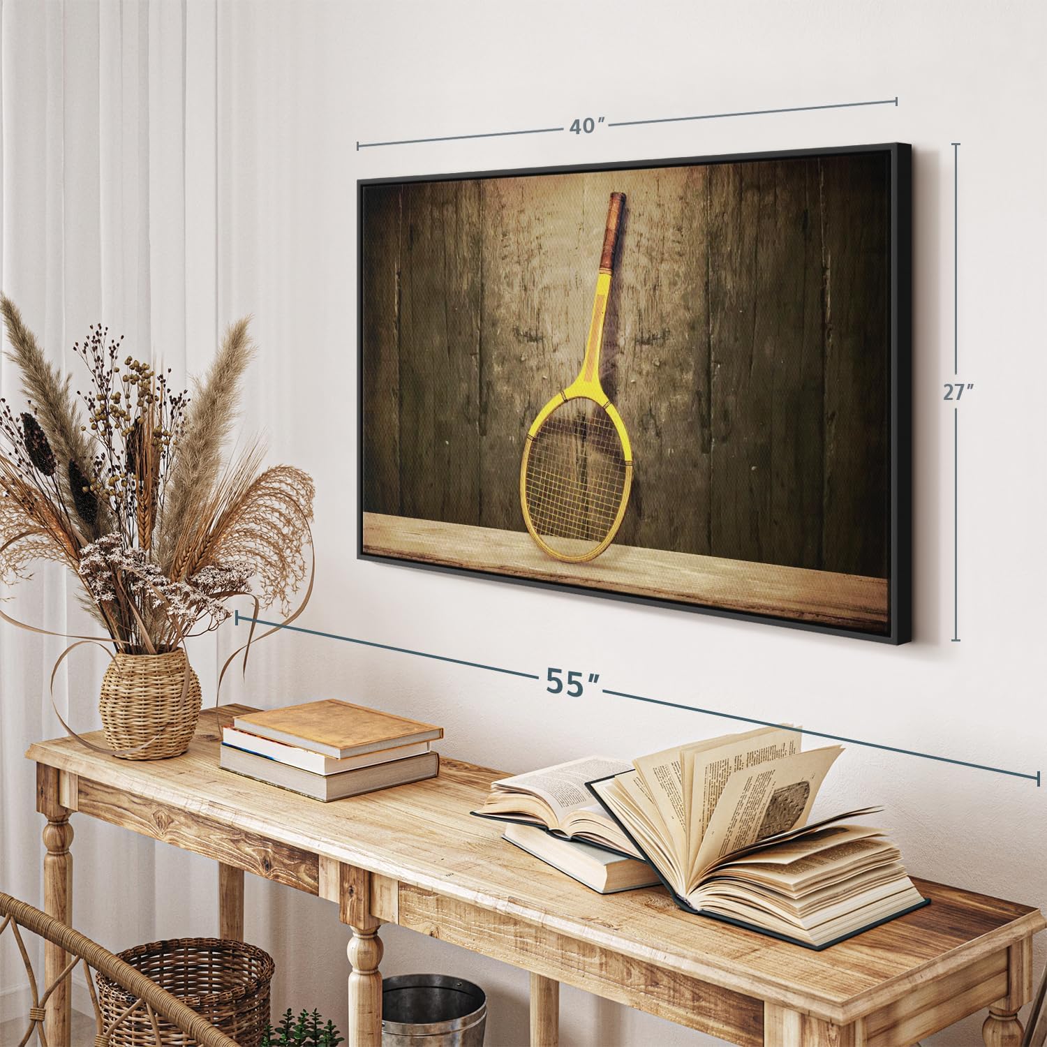 ElephantStock Vintage Tennis Racket Wall Art - Horizontal Framed Canvas - 1-Piece Living Room Wall
