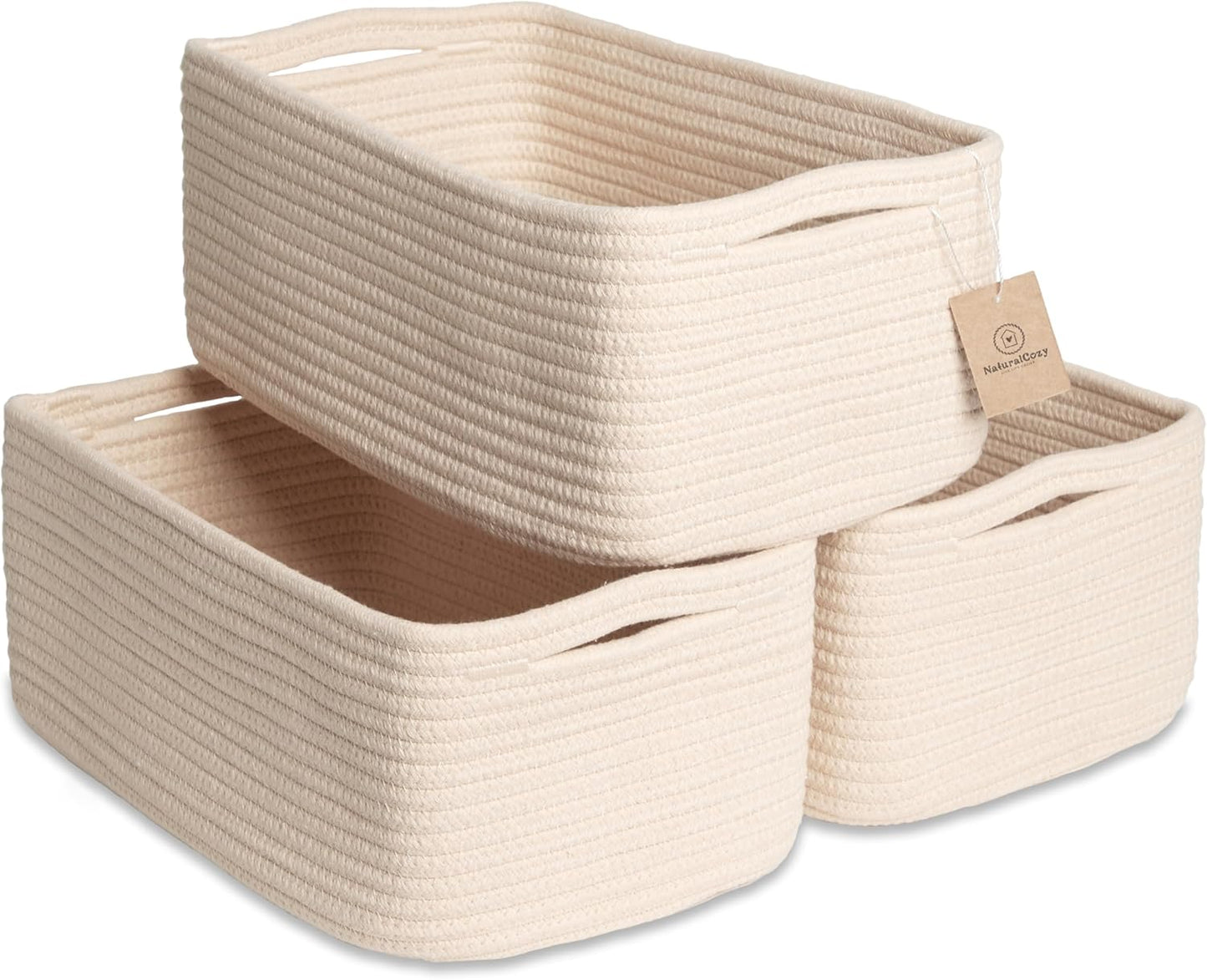 NaturalCozy 13.5”x8.5”x5.5” Storage Baskets for Shelves 3 Pack | Cotton Rope Woven Small Baskets