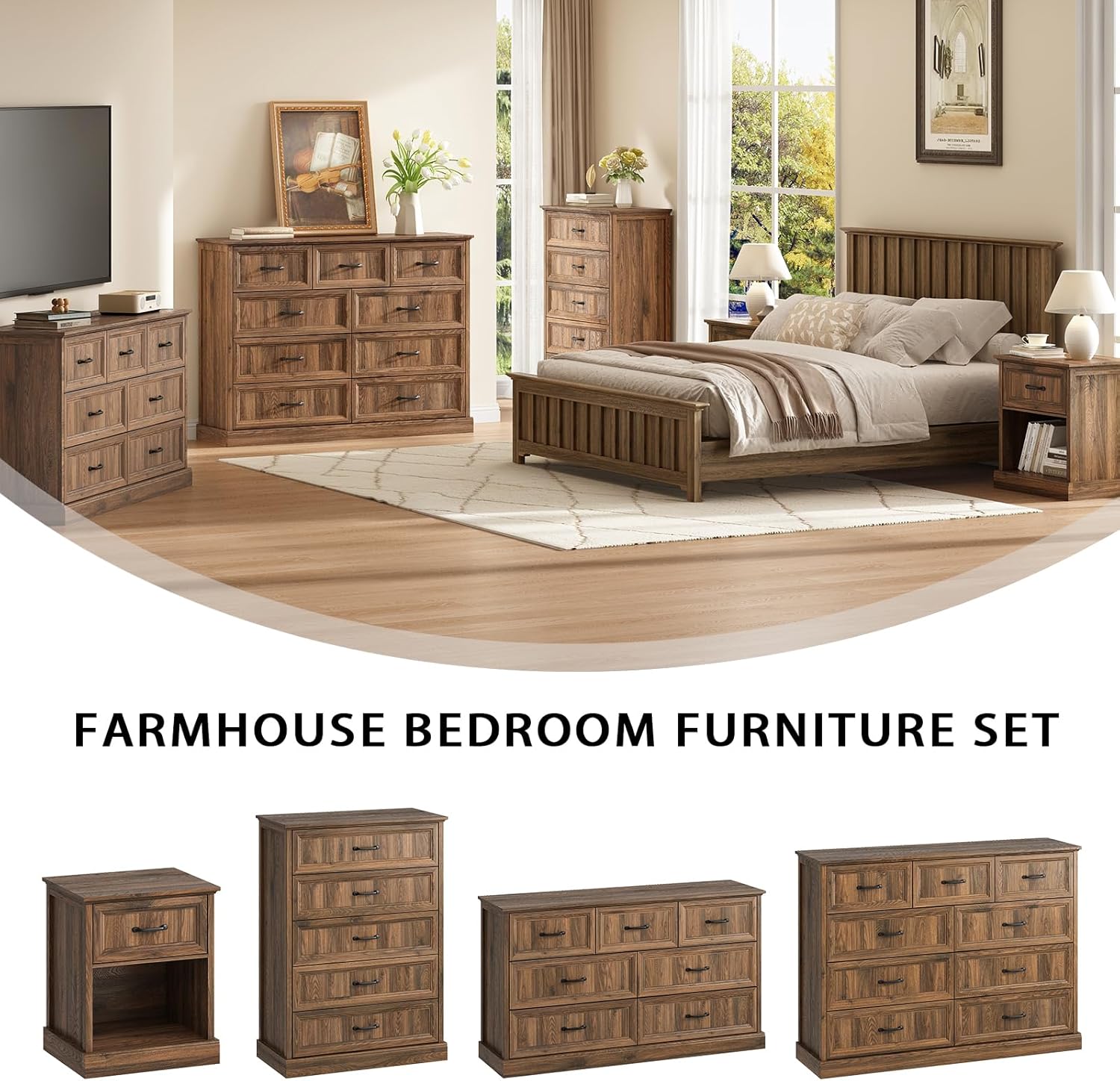 Farmhouse 9 Drawer Dresser for Bedroom, 55 Inch Wide Modern Walnut Dresser TV Stand with Large