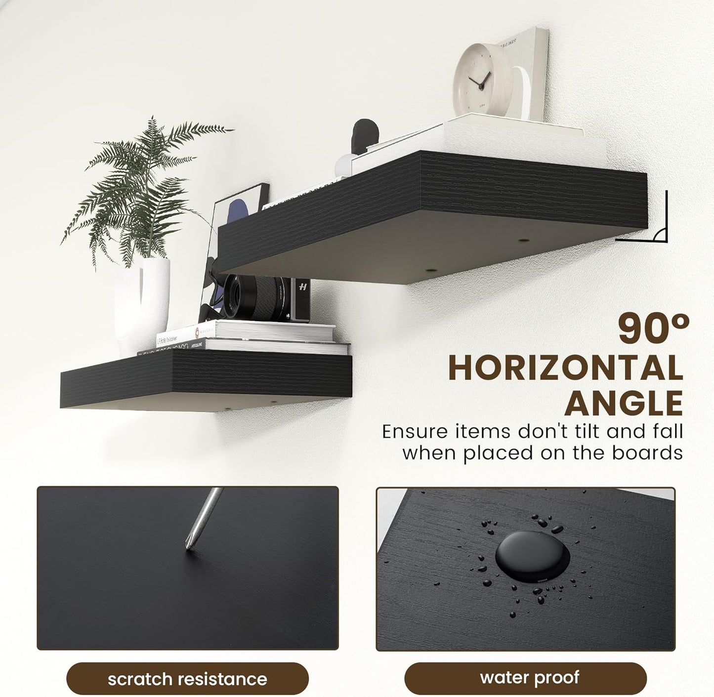 Deep Floating Shelves for Wall, 24W x 12D Black Floating Shelves Set of 2, 12'' Deep Large Wood
