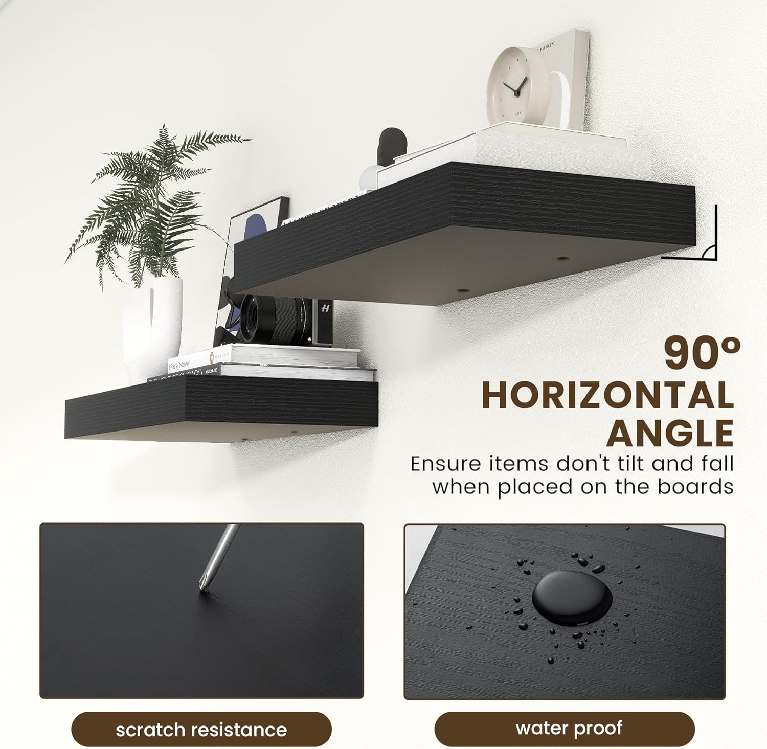 Deep Floating Shelves for Wall, 24W x 12D Black Floating Shelves Set of 2, 12'' Deep Large Wood