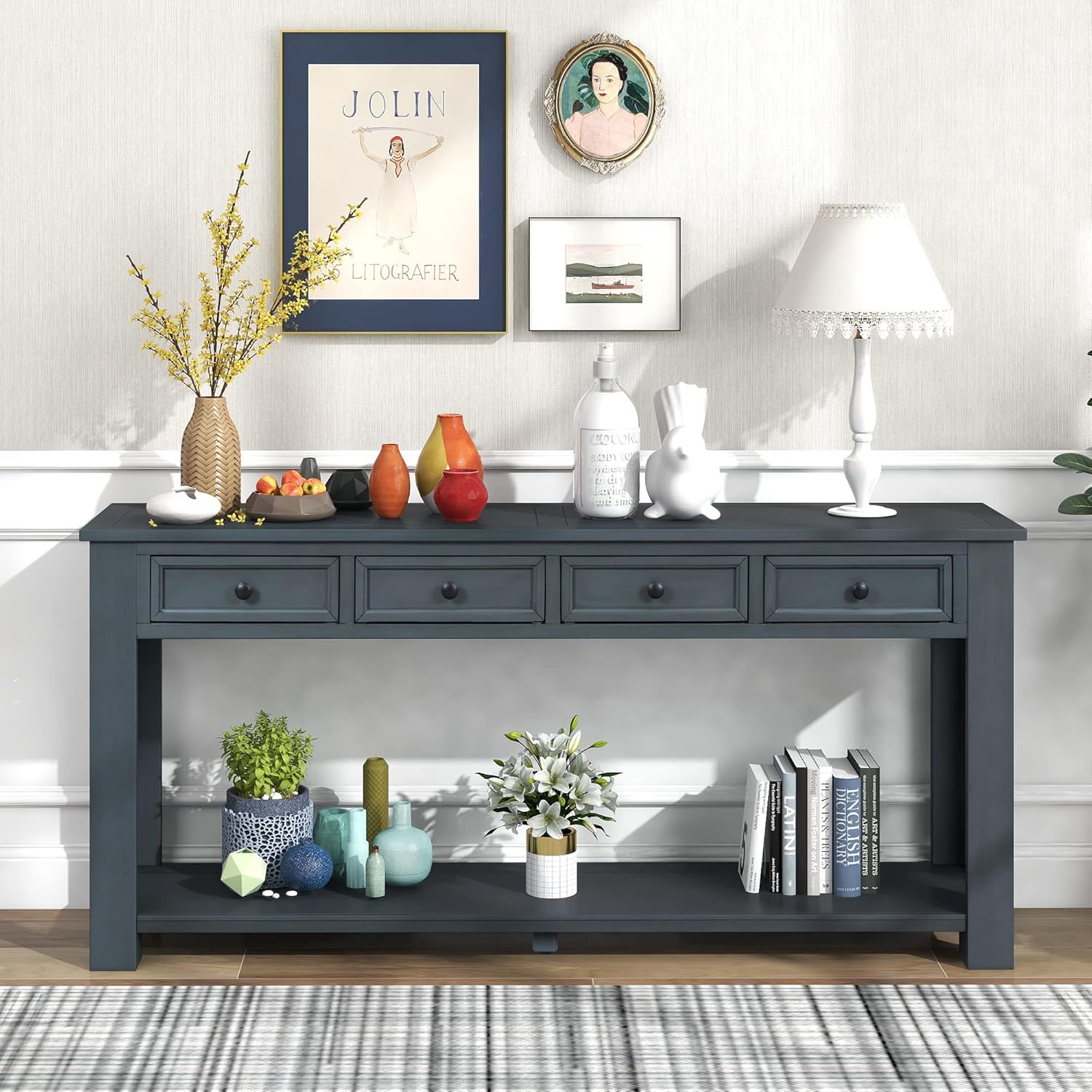 Solid Wood Console Table, Long Sofa Table Entryway Table with 4 Drawers and Bottom Shelf for