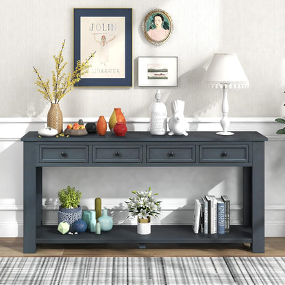 Solid Wood Console Table, Long Sofa Table Entryway Table with 4 Drawers and Bottom Shelf for