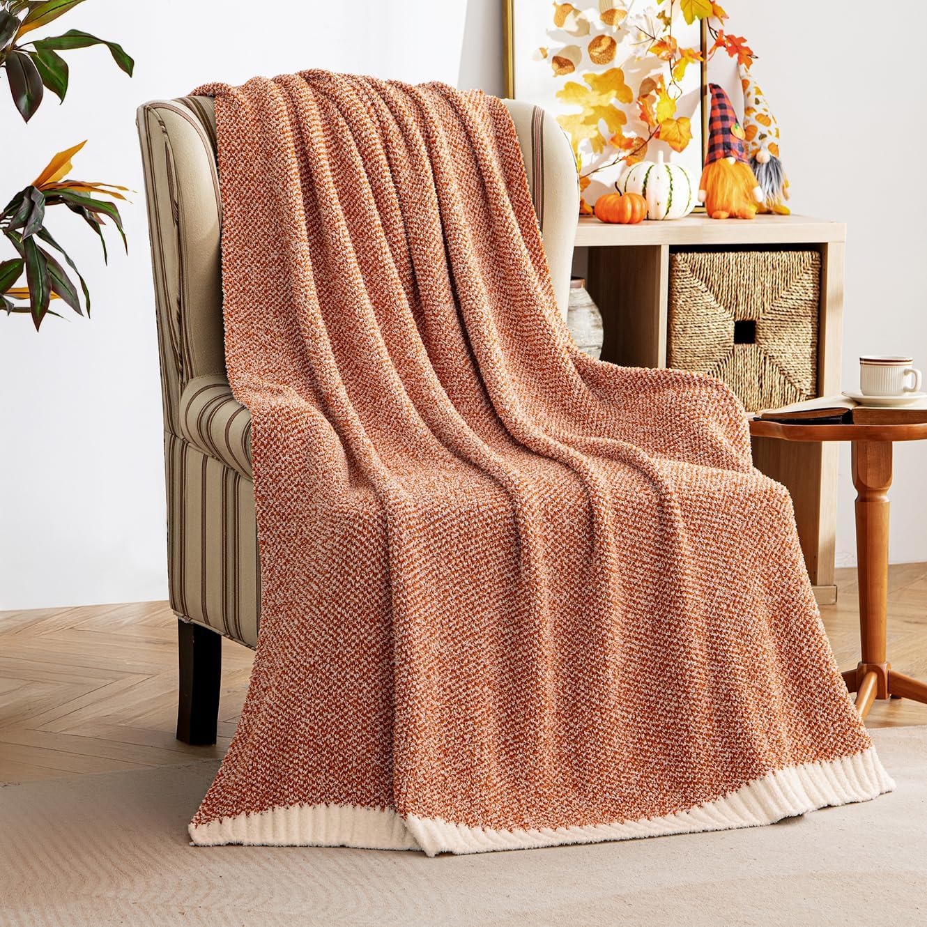MIULEE Fall Burnt Orange Super Soft Throw Blanket for Couch, Cozy Fluffy Warm Throws Knit Blankets