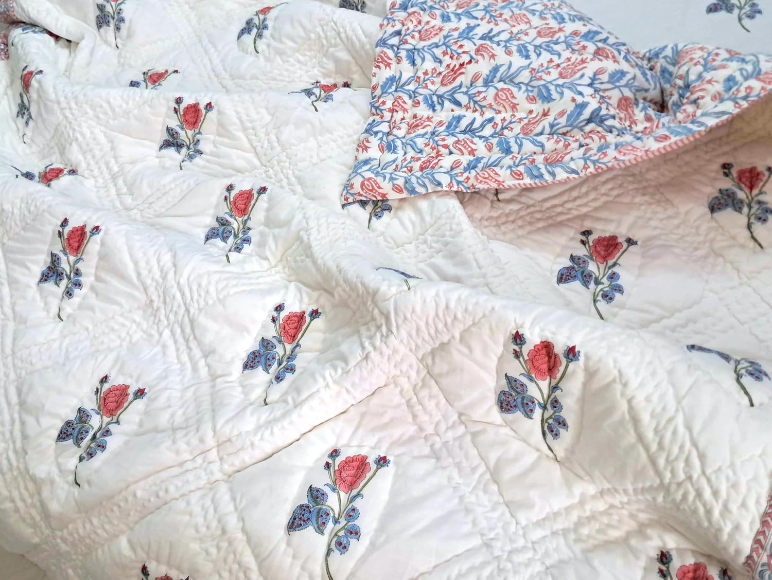 Twin Size Rose Pink Cotton Throw Blanket – 60x90 Hand Block Printed Lightweight Quilt – Soft