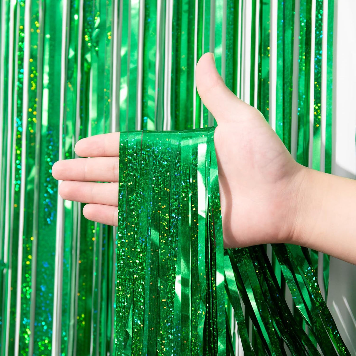 3 Pack 3.3 x 8.2 ft Laser Green Foil Fringe Backdrop Curtains, Tinsel Streamers Birthday Party