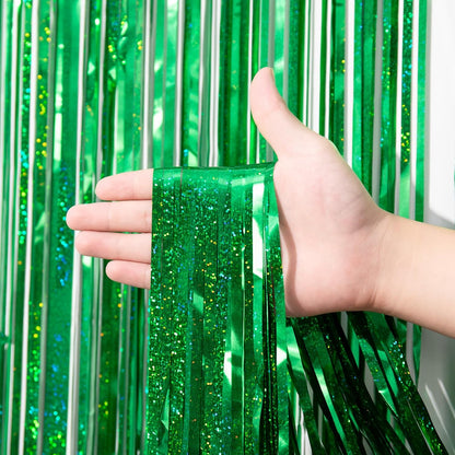 3 Pack 3.3 x 8.2 ft Laser Green Foil Fringe Backdrop Curtains, Tinsel Streamers Birthday Party