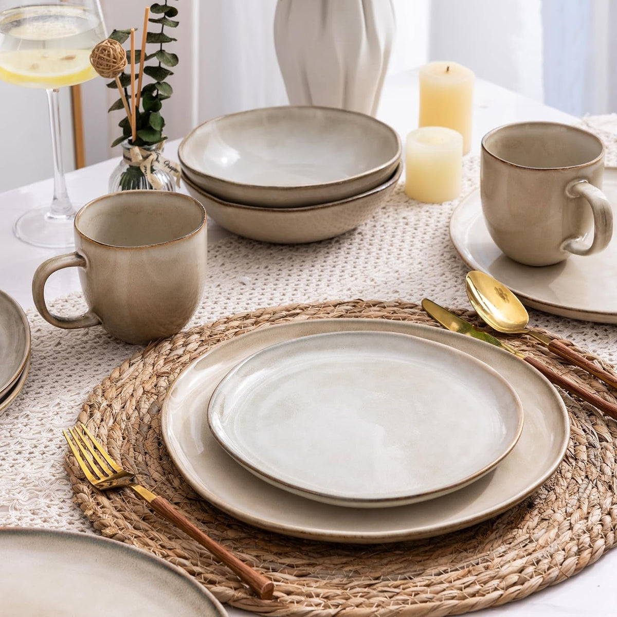 AmorArc Ceramic Dinnerware Sets,Handmade Reactive Glaze Stoneware Plates and Bowls Sets,Highly
