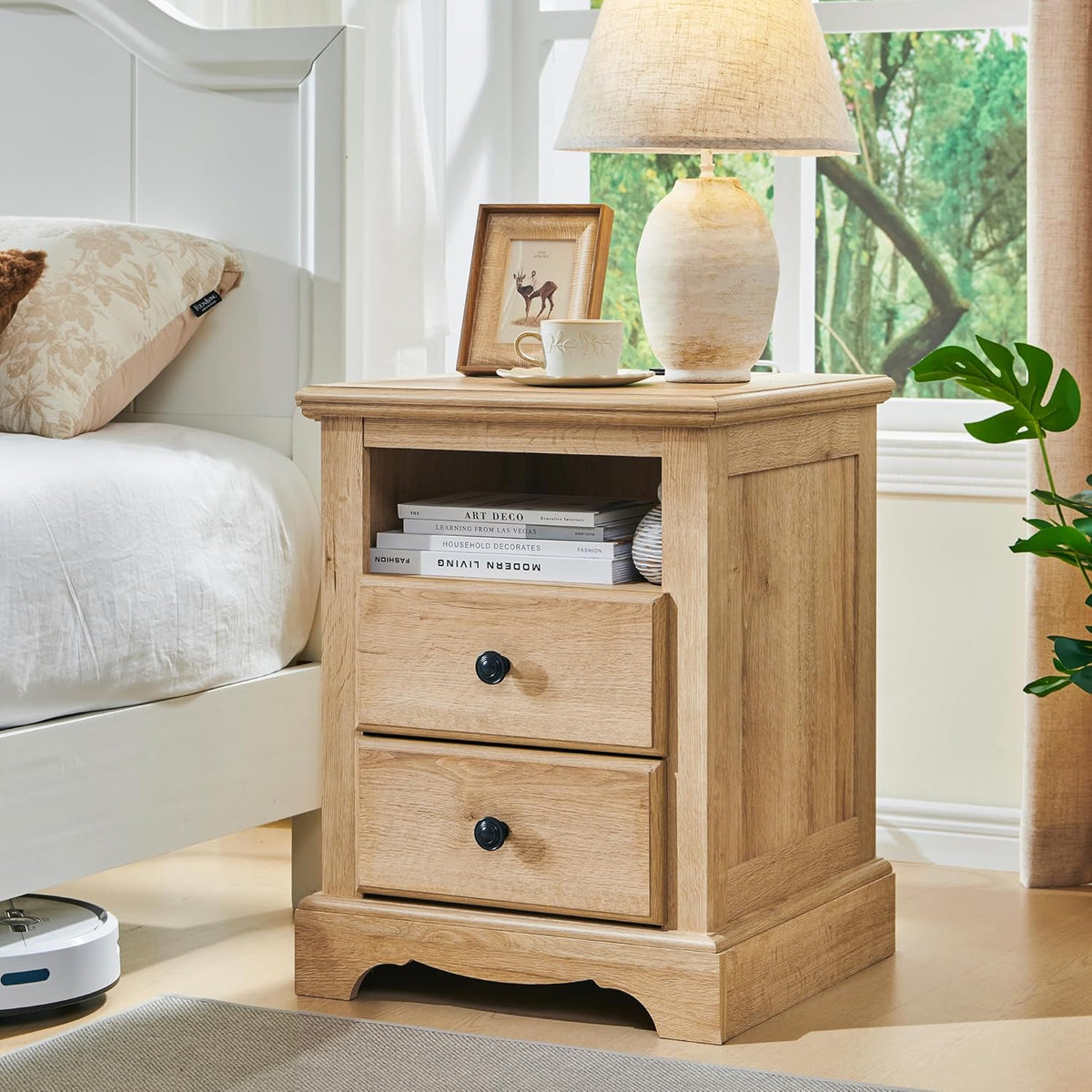 T4TREAM Nightstand with Charging Station, 18 Inch Vintage End Table with 2 Drawers, Wood Rustic