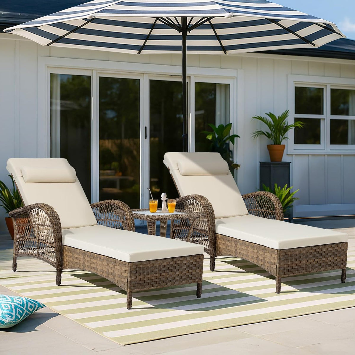 VIVIJASON 3 Pieces Outdoor Wicker Chaise Lounge Chair Set, All-Weather PE Rattan Cushioned Patio