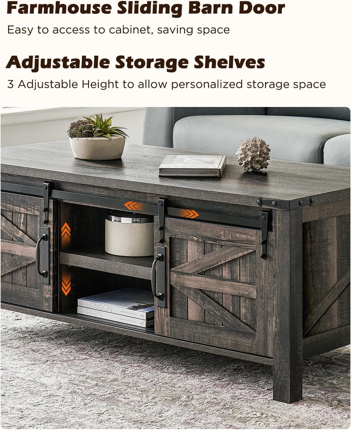 OKD 48" Farmhouse Lift Top Coffee Table with Sliding Barn Door,Rustic Center Table with Hidden