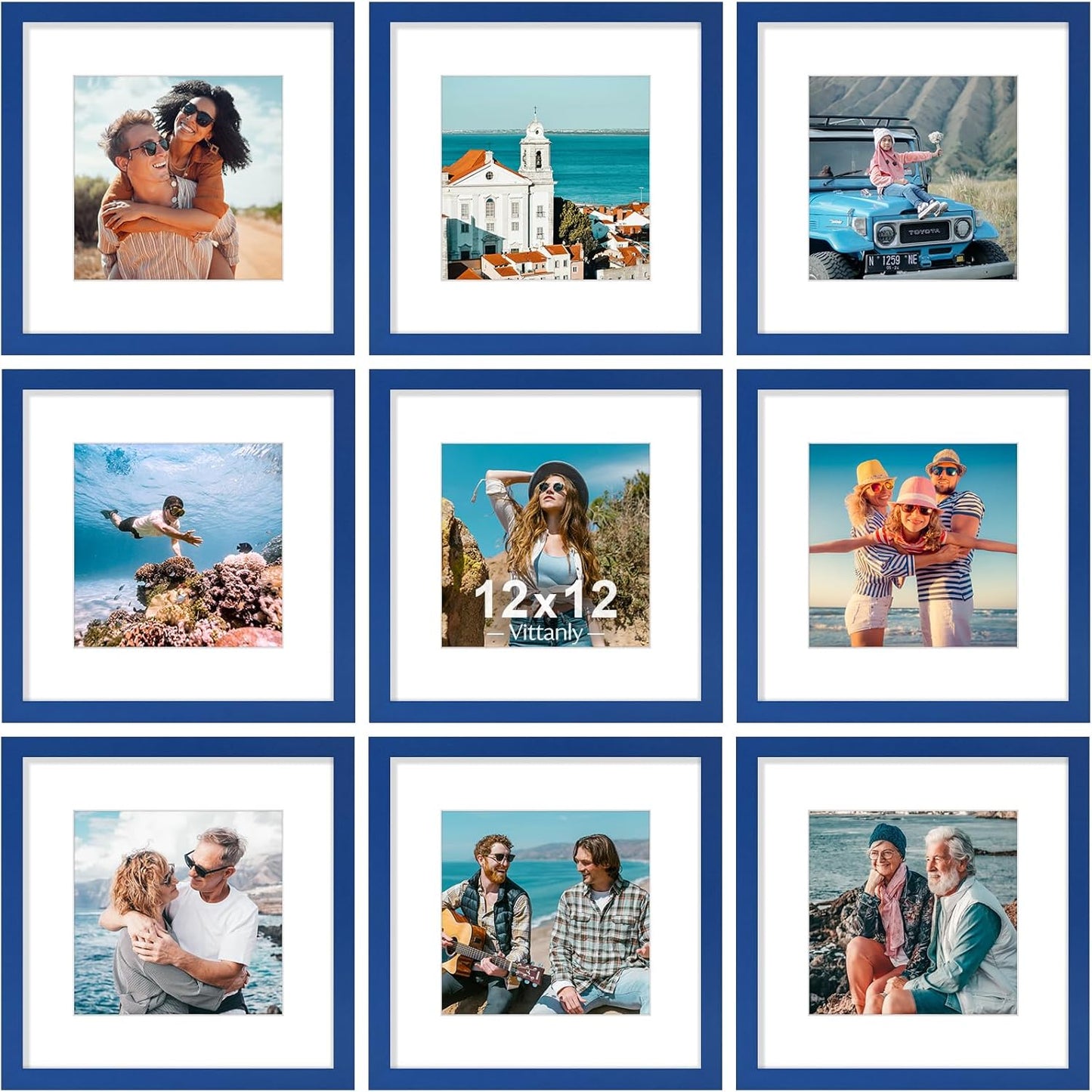 Vittanly 12x12 Picture Frame Set of 9 - Display 8x8 Photos with Mat or 12x12 Without Mat, Wall