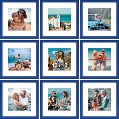 Vittanly 12x12 Picture Frame Set of 9 - Display 8x8 Photos with Mat or 12x12 Without Mat, Wall