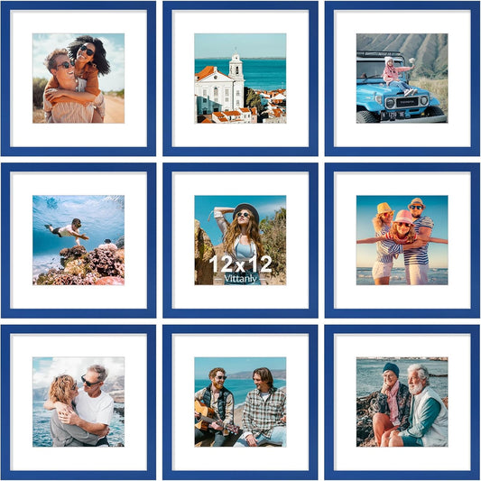 Vittanly 12x12 Picture Frame Set of 9 - Display 8x8 Photos with Mat or 12x12 Without Mat, Wall