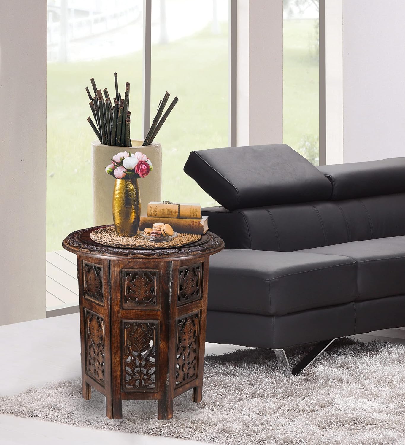 Lightnpro Handcrafted Wooden Round Accent Table - Vintage Farmhouse Octagonal Side End Table with