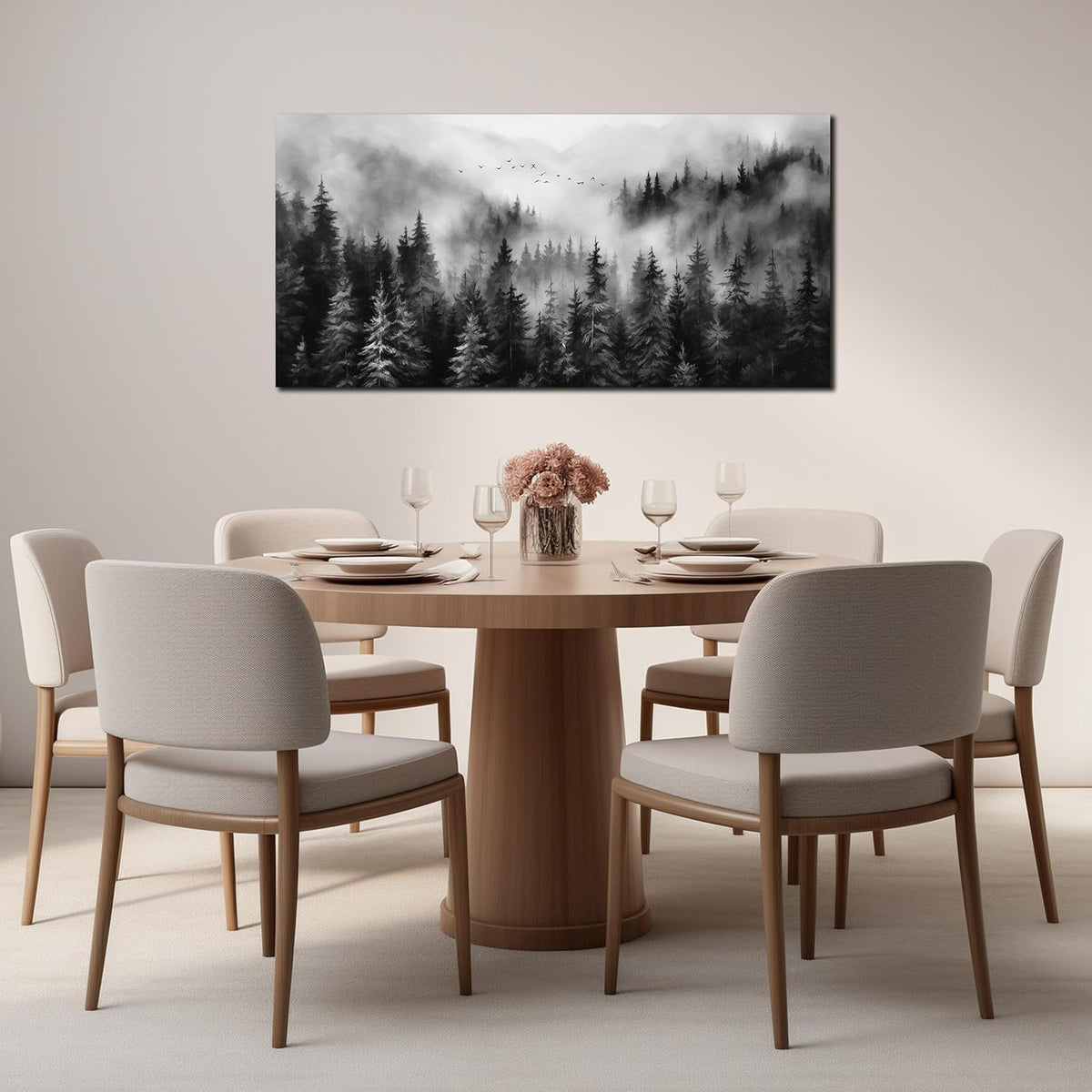 Foggy Forest Wall Art for Living Room,Black and White Pictures for Wall,Tree Wall Decor for Bedroom