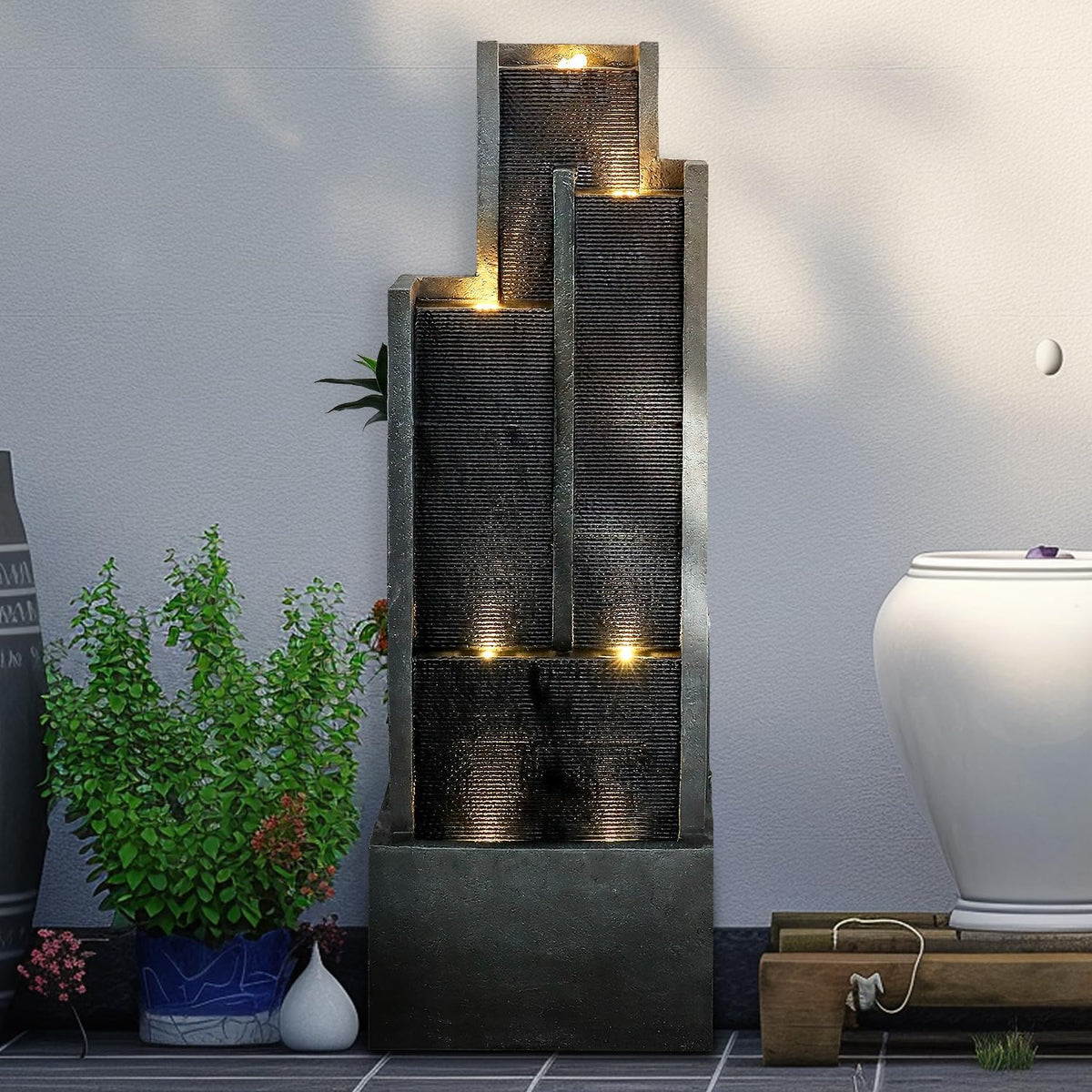 SunJet 5-Tiers Indoor/Outdoor Garden Water Fountain - 50.7inches Modern Floor-Standing Cascading