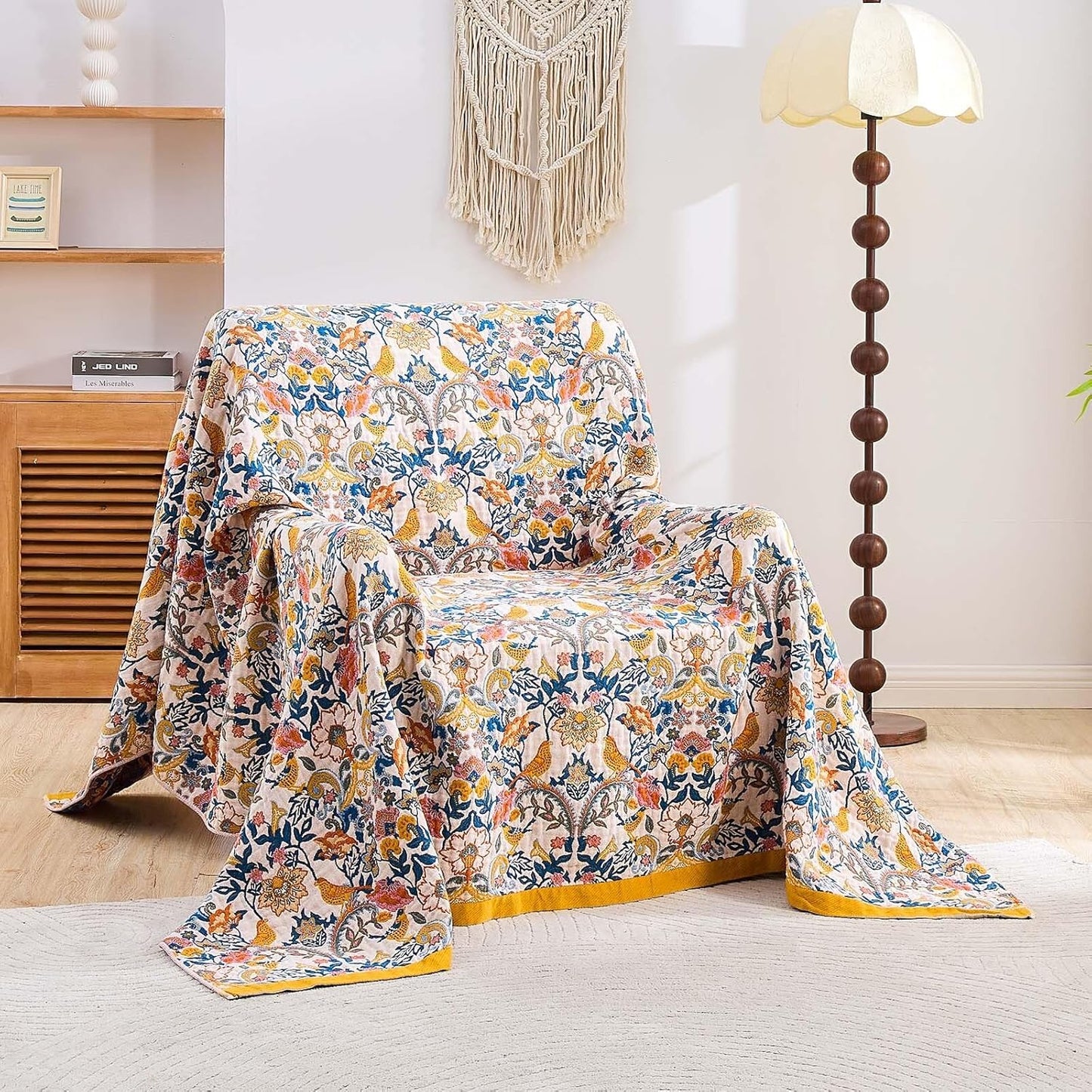Boho Blanket Throw Quilt, 100% Cotton Soft Light Weight Throw Blankets for Summer, 50"x60"