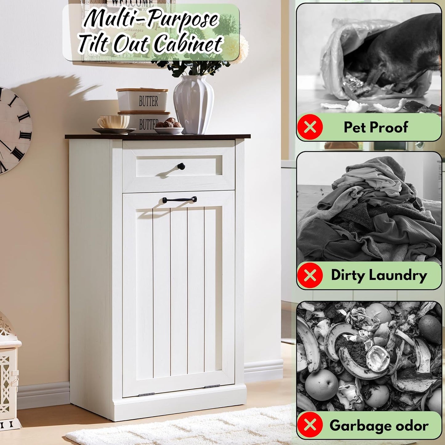 Tilt Out Laundry Hamper Cabinet, 10 Gallon Farmhouse Trash Can Cabinet with Drawer, Hidden Wood