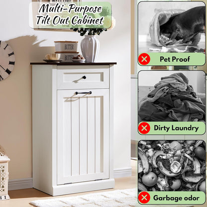 Tilt Out Laundry Hamper Cabinet, 10 Gallon Farmhouse Trash Can Cabinet with Drawer, Hidden Wood