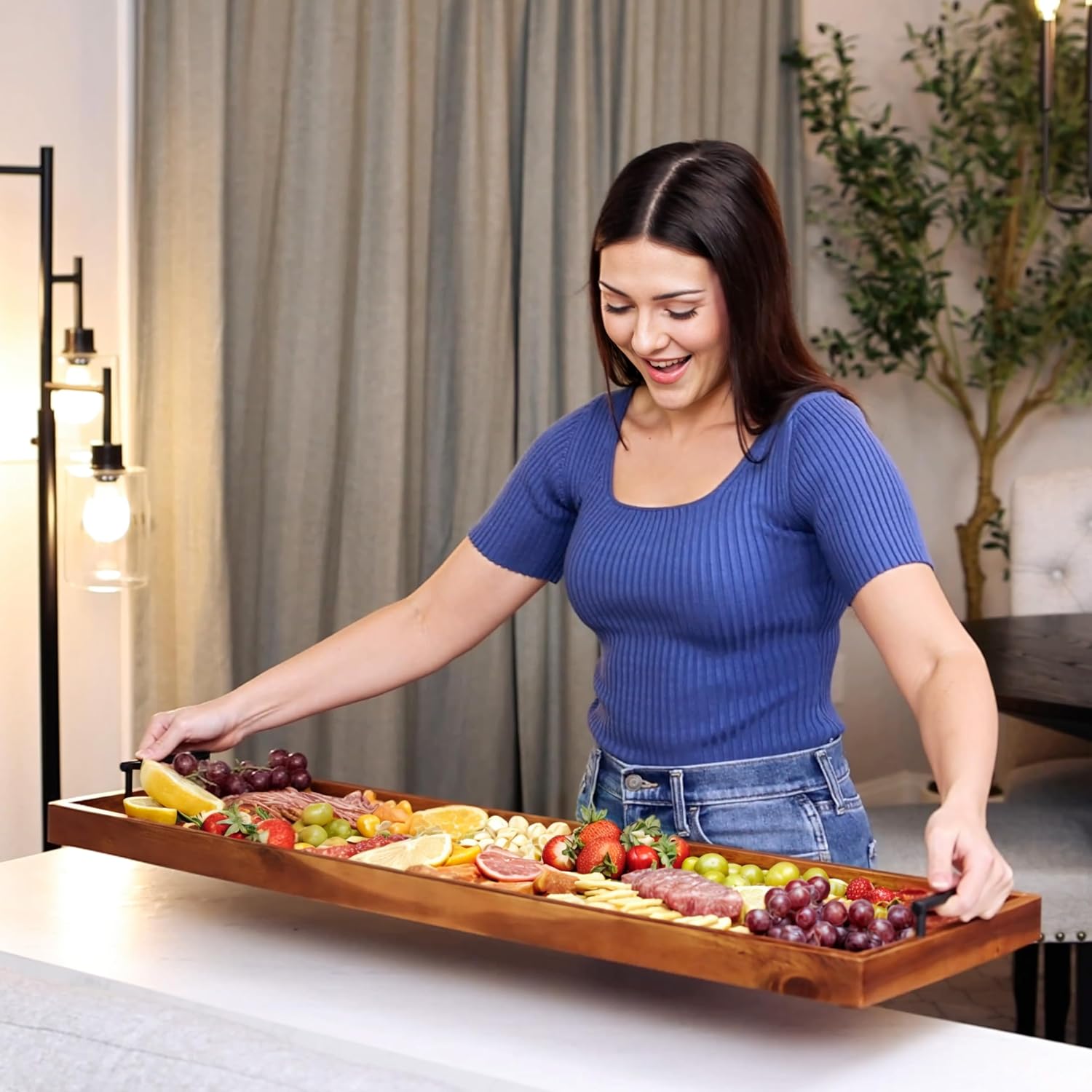 Acacia 36 Inch Extra Large Charcuterie Board with Cheese Knife Set of 4 - Acacia Wood Serving Tray