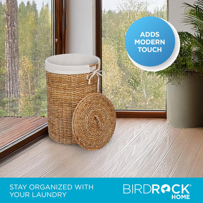 BIRDROCK HOME Seagrass Laundry Hamper with Lid & Liner - Handwoven Round Basket with Handles for