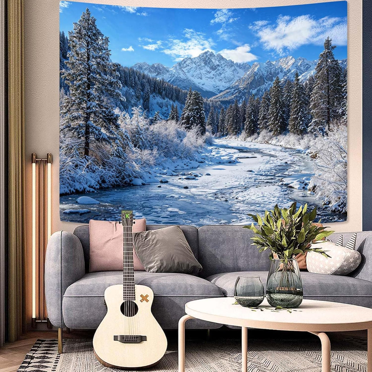 AMM Winter Forest Snow Mountain Tapestry Snowy Pine Tree Woodland Tapestry for Bedroom Aesthetic