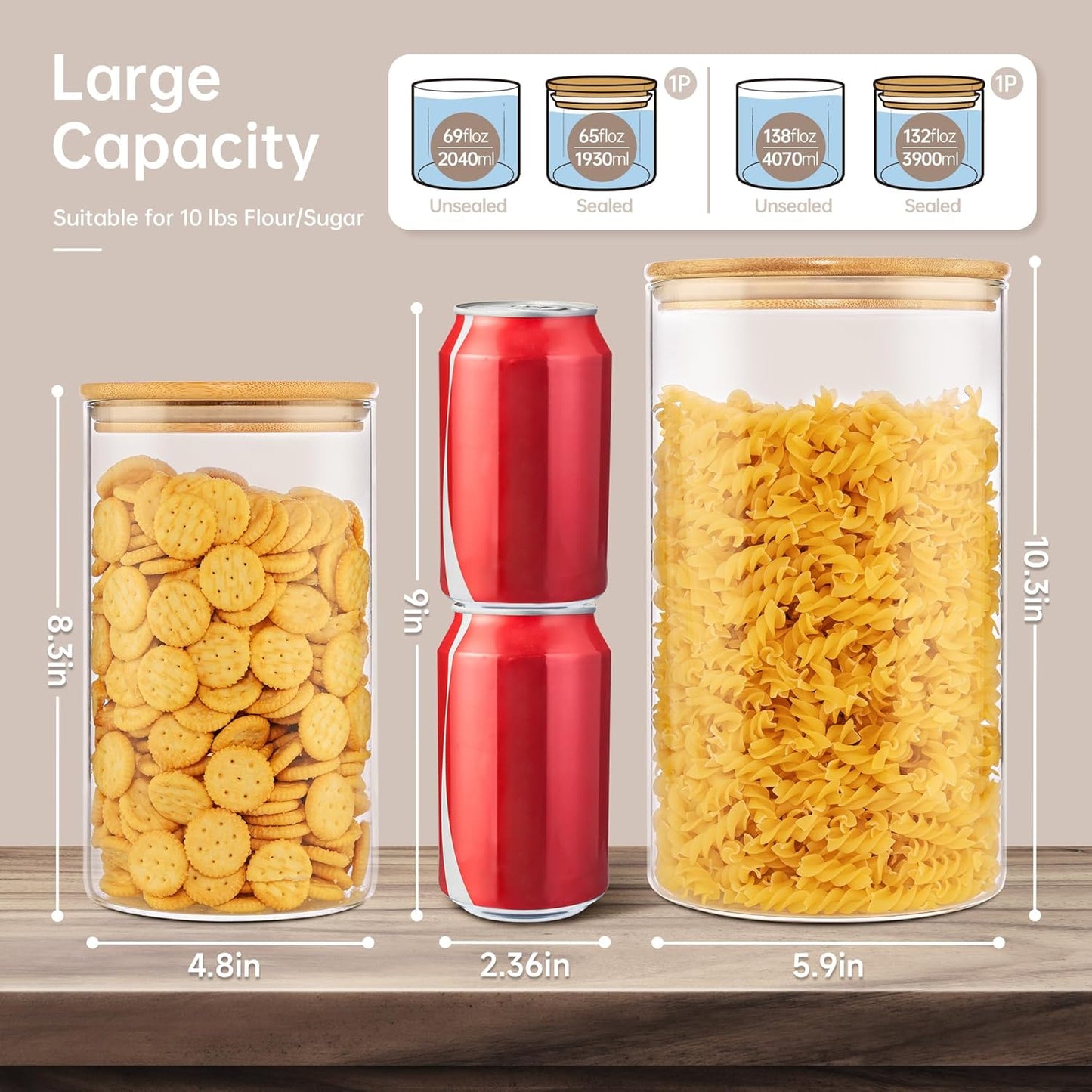 Extra Large Glass Flour and Sugar Storage Containers with Airtight Lid,132 floz x1 & 65 floz x1