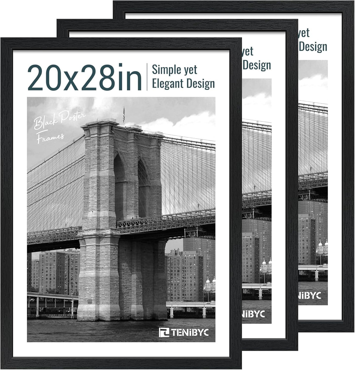 20x28 Picture Frame Set of 3 - Black Woodgrain, Solid Wood Gallery Poster Frame - Wall Hanging