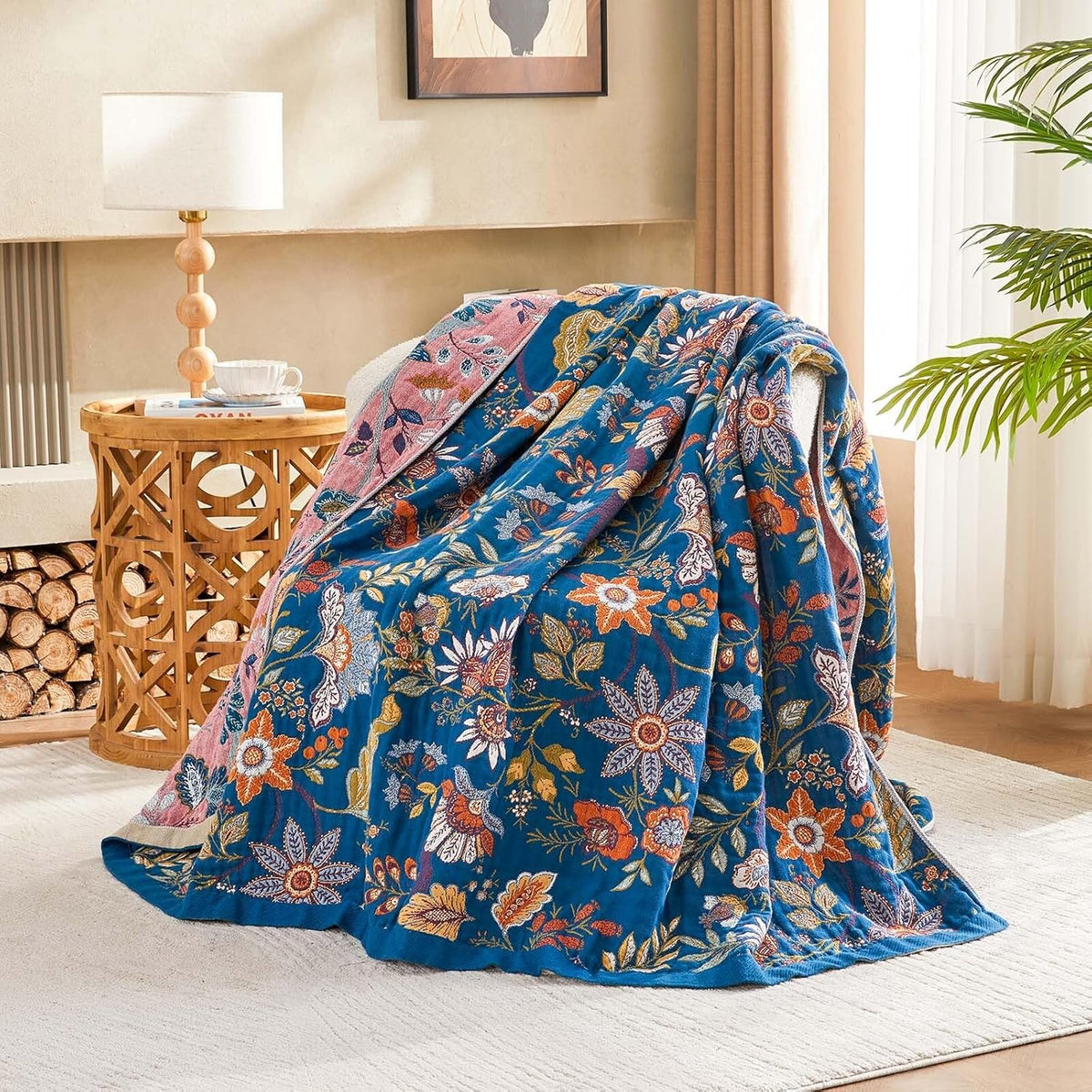 Fall Throw Blanket for Couch, Blue Boho Decorative Throw Blanket, 100% Cotton Muslin Breathable