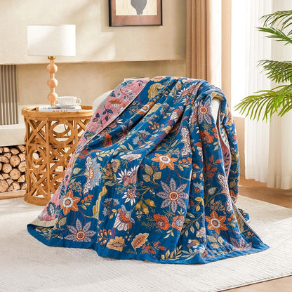 Fall Throw Blanket for Couch, Blue Boho Decorative Throw Blanket, 100% Cotton Muslin Breathable