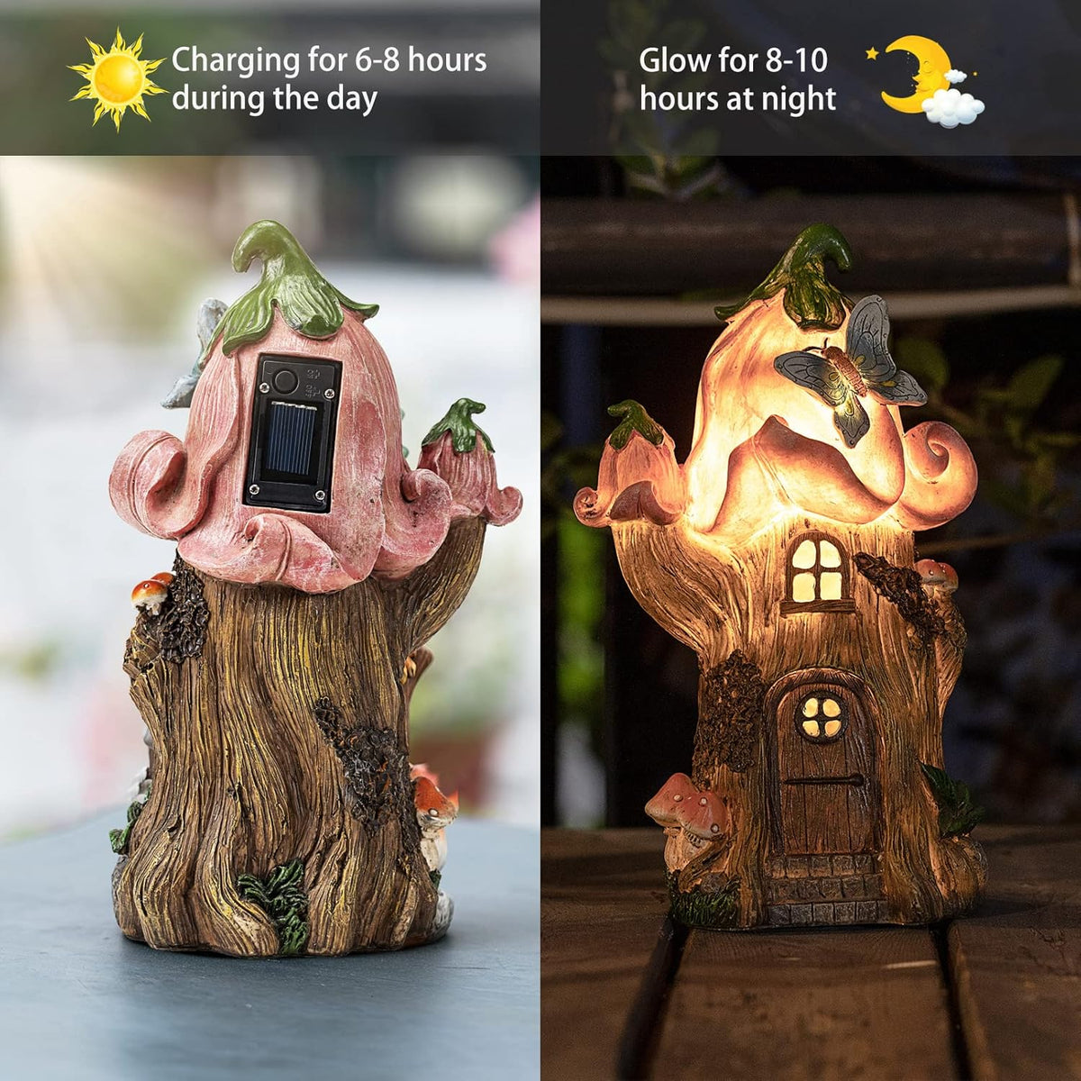 Fairy Garden Accessories Outdoor Statues, Mushroom House Decor,Large Gnome Solar Powered Lights