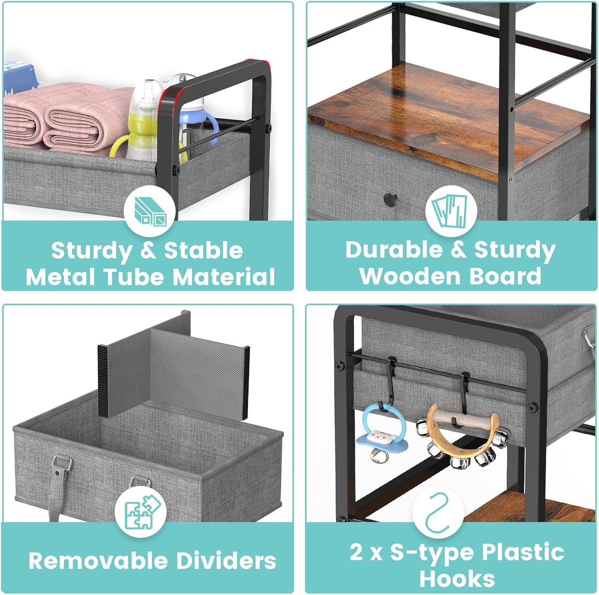 2IN1 Baby Diaper Caddy Organizer & 4-Tier Rolling Cart, Bedside Cart for Baby Essentials Nursery