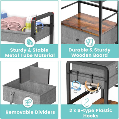 2IN1 Baby Diaper Caddy Organizer & 4-Tier Rolling Cart, Bedside Cart for Baby Essentials Nursery