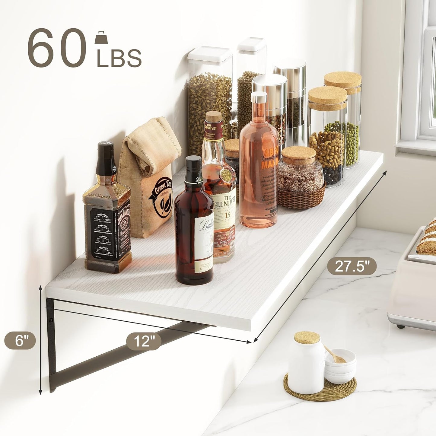 Fun Memories 27.5" W x12 D Floating Shelves, White Wall Shelf with Brackets, 12 Inch Deep Floating