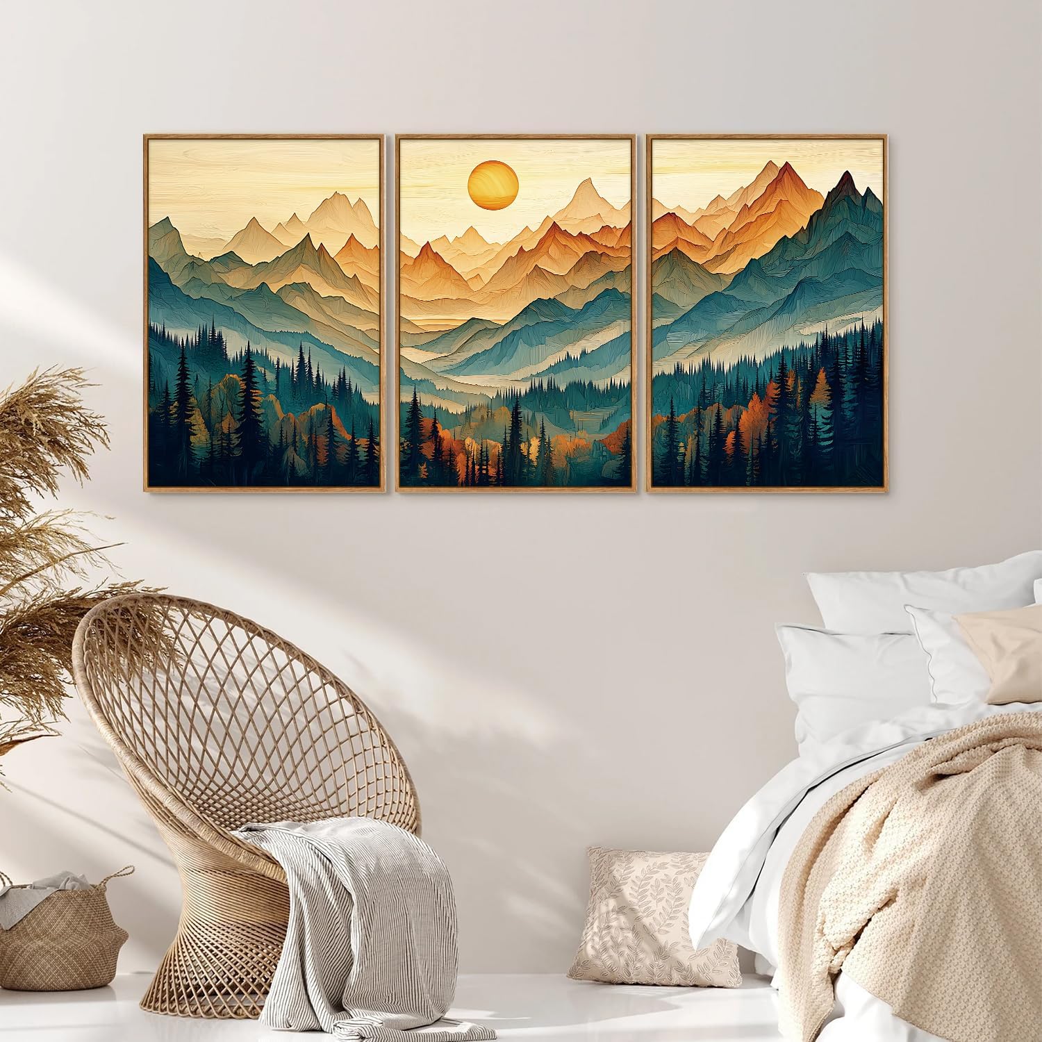 Tinonedraw Large Mountain Framed Canvas Wall Art Set of 3, Boho Nature Forest Wall Decor, Neutral