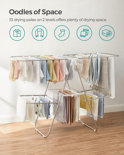 SONGMICS Clothes Drying Rack, Foldable 2-Level Laundry Drying Rack, Free-Standing Laundry Airer