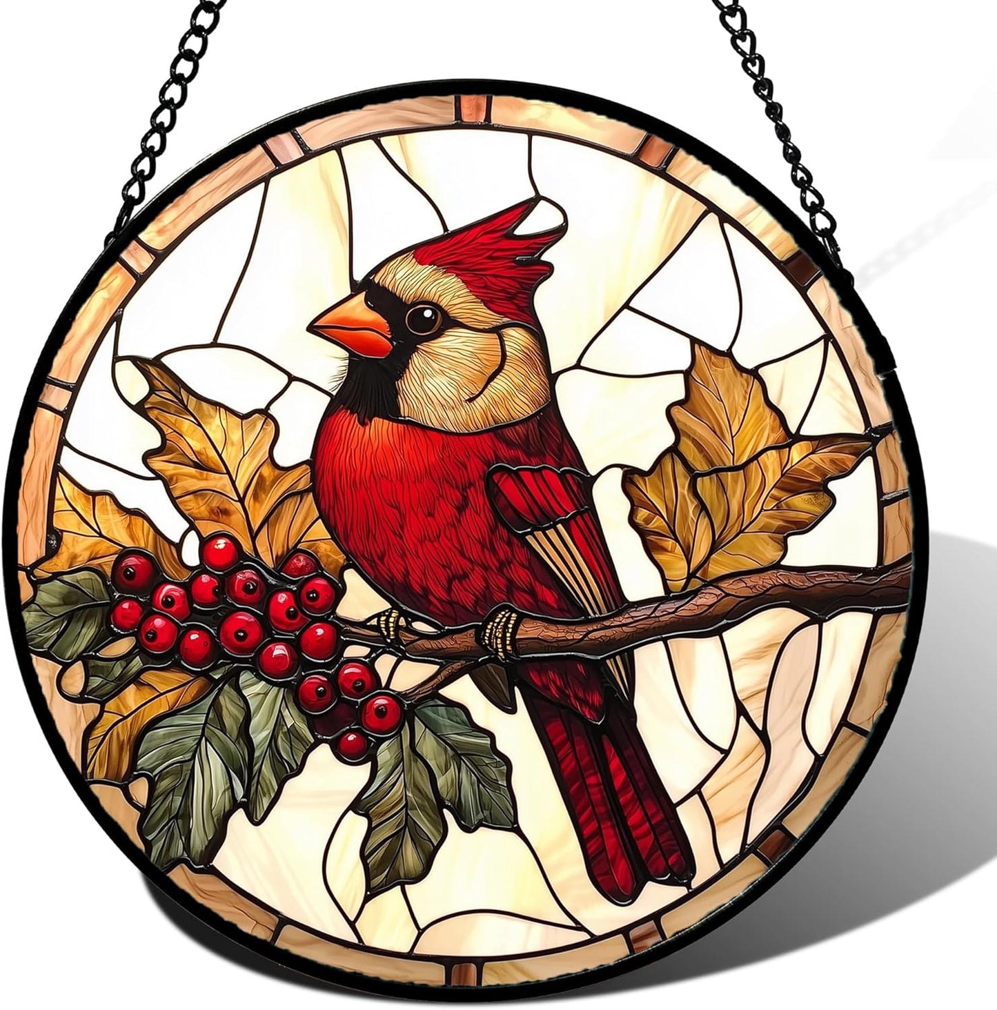Stained Glass Window Hanging, Birds on a Branch Cardinal Sun Catchers Diamond Glass Panel Hangings