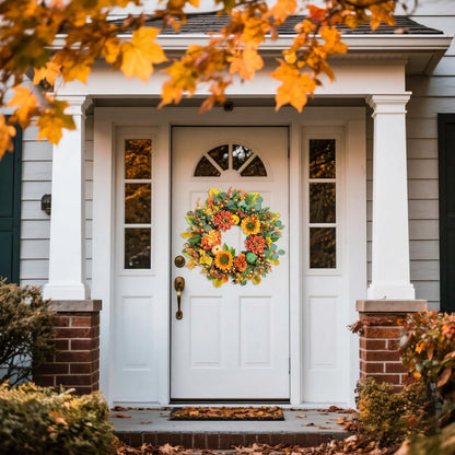 Fall Wreaths for Front Door 24 Inch Autumn Wreath with Sunflowers, Orange Dahlias, Maple Leaves &