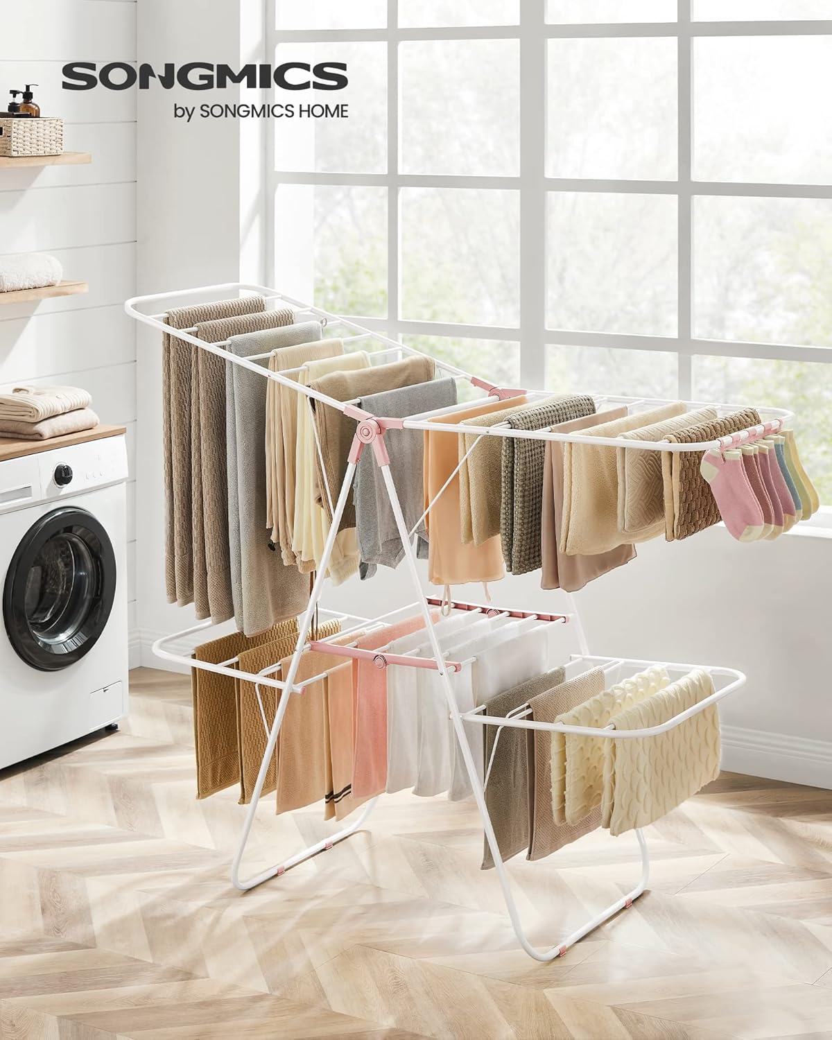 SONGMICS Clothes Drying Rack, Foldable 2-Level Laundry Drying Rack, Free-Standing Laundry Airer