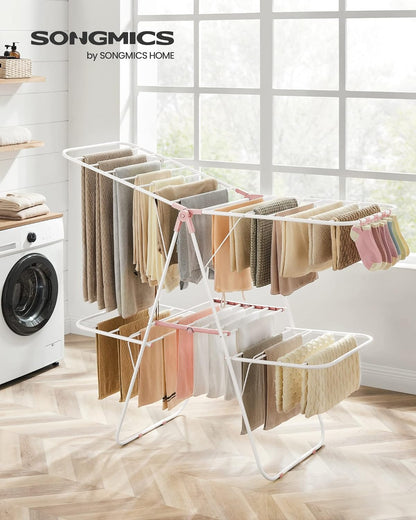 SONGMICS Clothes Drying Rack, Foldable 2-Level Laundry Drying Rack, Free-Standing Laundry Airer