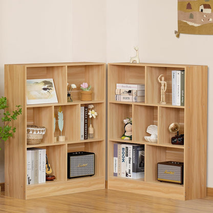 LEYAOYAO 7 Cube Bookshelf with Wood Base,Natural 3 Tier Mid-Century Modern Bookcase,Standing Wide
