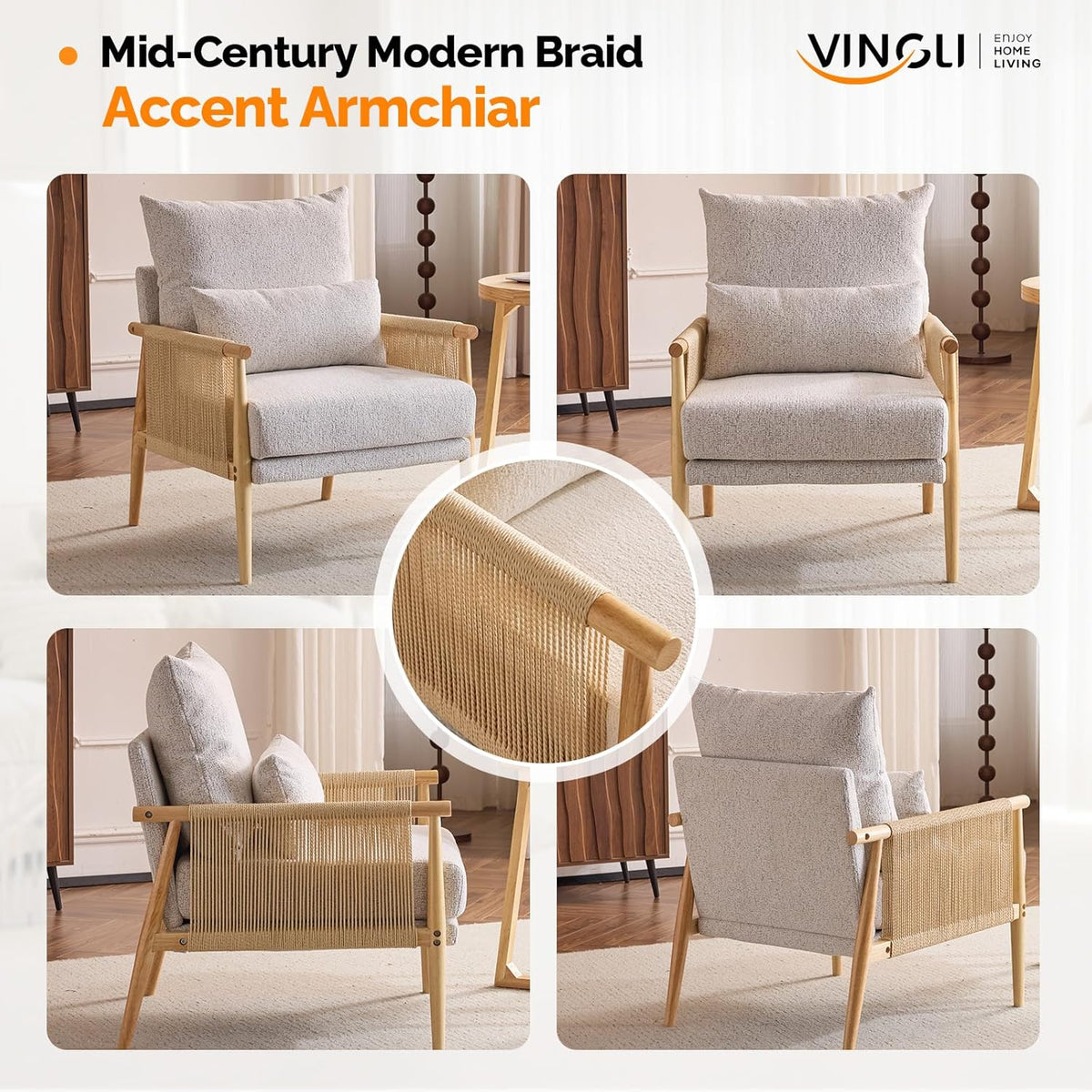 VINGLI Boho Braid Accent Armchair,Mid-Century Modern Chiar with Solid Wooden Armrest,Comfy Louge