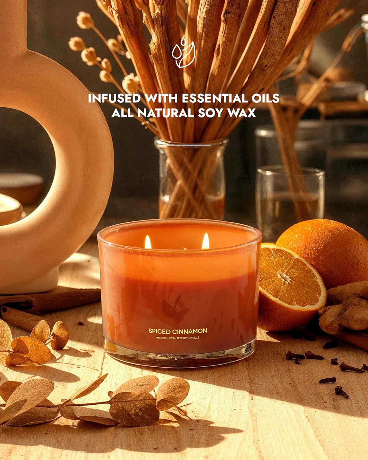 96NORTH Luxury Spiced Cinnamon Candle | Large 3 Wick Jar Candle | Up to 50 Hours Burning Time |