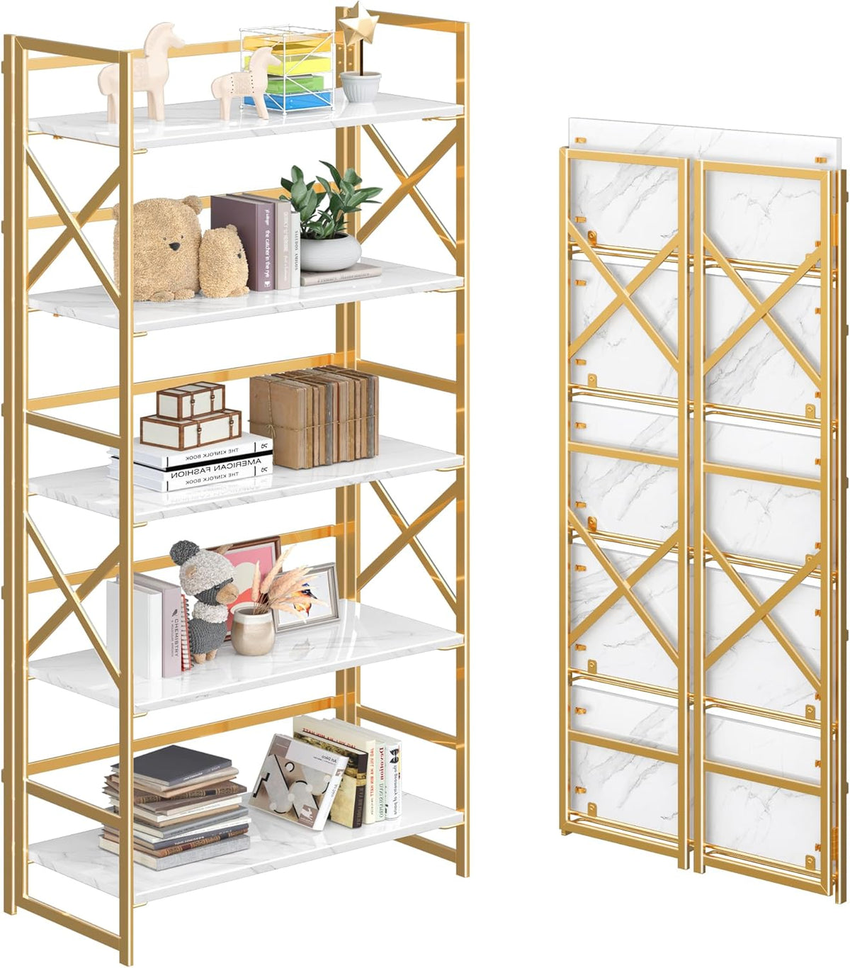 4NM 5 Tiers No Assembly Book Shelves, 51.2" H Folding Bookshelf Bookcase Open Industrial Foldable