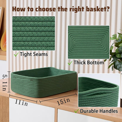 Large Shallow Organizing Baskets 15x11x5.1 Inches - Rope Woven Storage Bins for Bathroom, Shelves