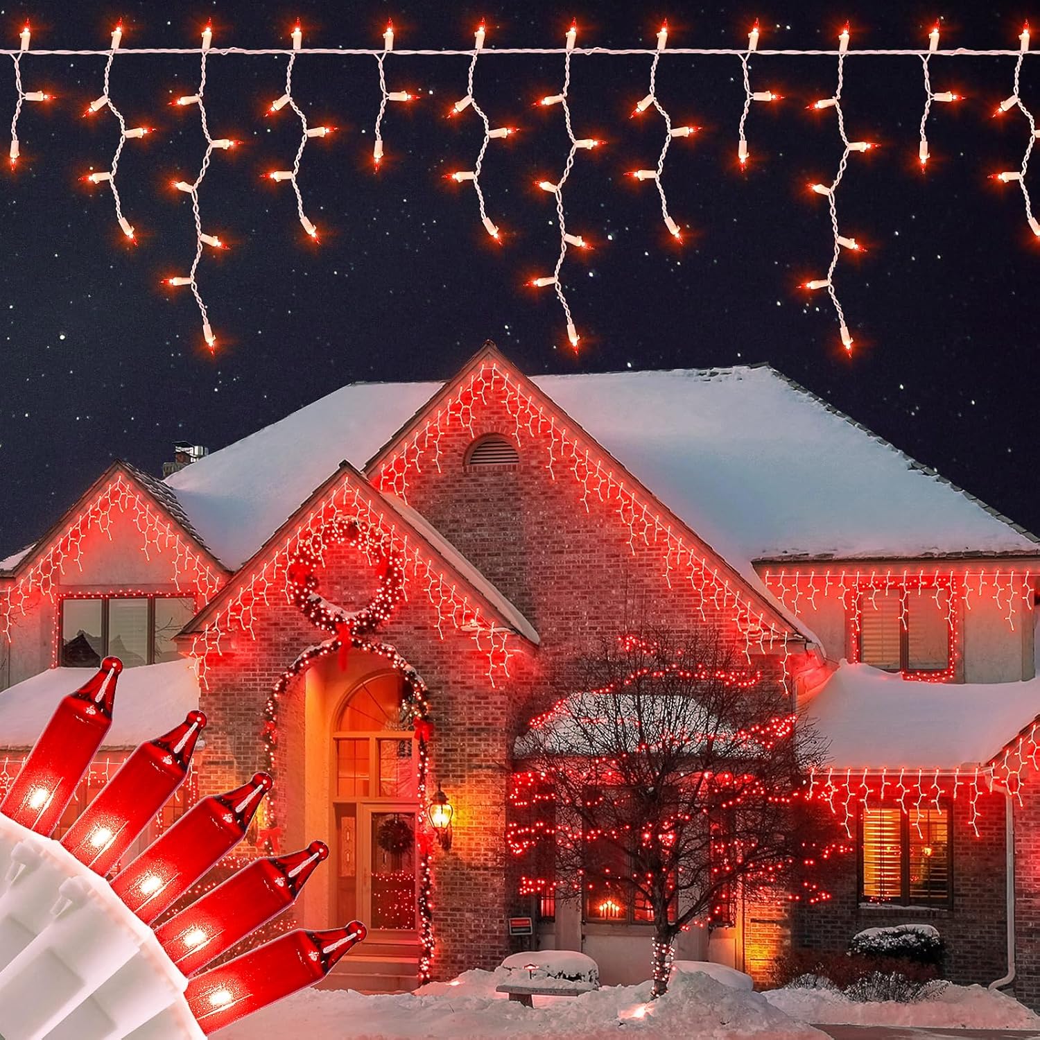 23FT 200Count Red Icicle Lights,White Wire Icicle Mini Lights Plug in with 40 Drops,Hanging Curtain