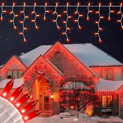 23FT 200Count Red Icicle Lights,White Wire Icicle Mini Lights Plug in with 40 Drops,Hanging Curtain