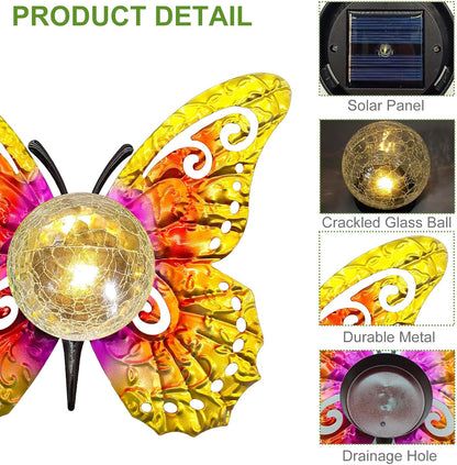 Solar Lights Outdoor Garden Butterfly Decor, Metal Butterfly Statue Decoration with LED Crackle