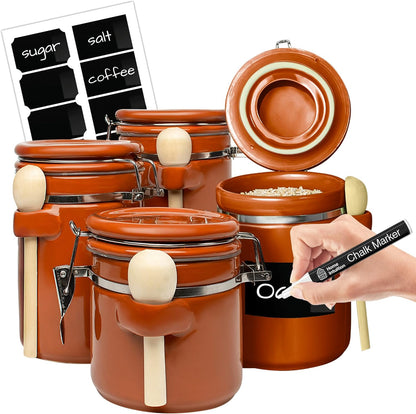 Home Intuition Ceramic Kitchen Canisters Set of 4 with Wooden Spoon Set – Airtight Containers